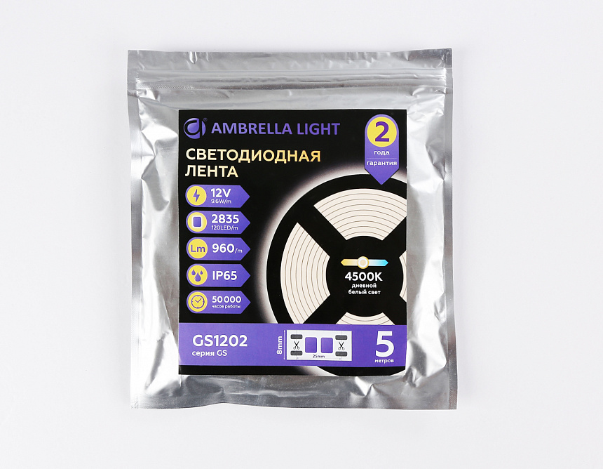 GS1202 2835 120Led/ 9.6W m/ 12V IP65 4500K/ 5000*8*2.27mm (2 конт.)