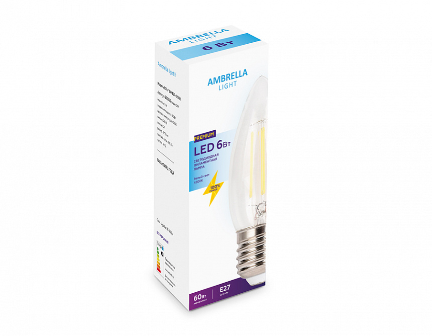 Лампа Filament LED C37-F 6W E27 4200K (60W)