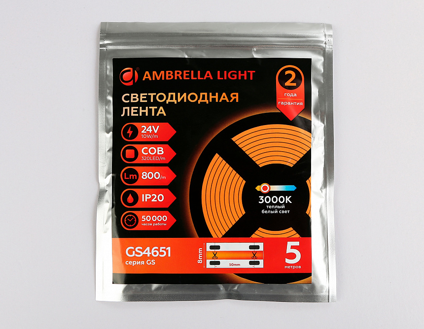 GS4651 COB 320Led/ 10W m/ 24V IP20 3000K/ 5000*8*1.54mm (2 конт.) GS4651 COB 320Led/ 10W m/ 24V IP20 3000K/ 5000*8*1.54mm (2 конт.)