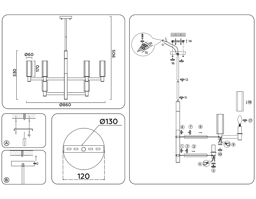 LH55515/12 BK/BS/CL черный/латунь/прозрачный E14*12 max 40W D860*905 LH55515/12 BK/BS/CL черный/латунь/прозрачный E14*12 max 40W D860*905