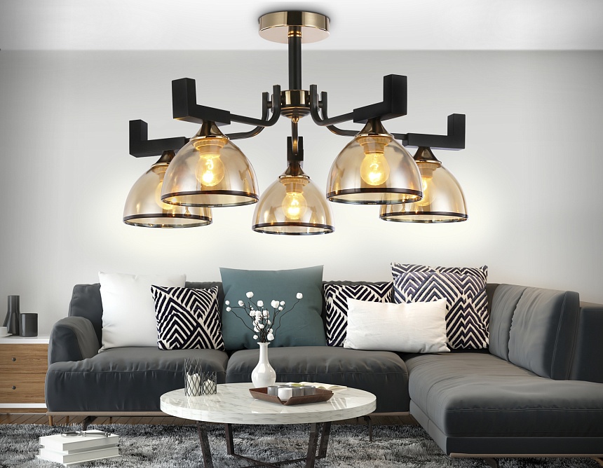 TR9099/5 BK/GD/TI черный/золото/янтарь E27*5 max 40W D600*316