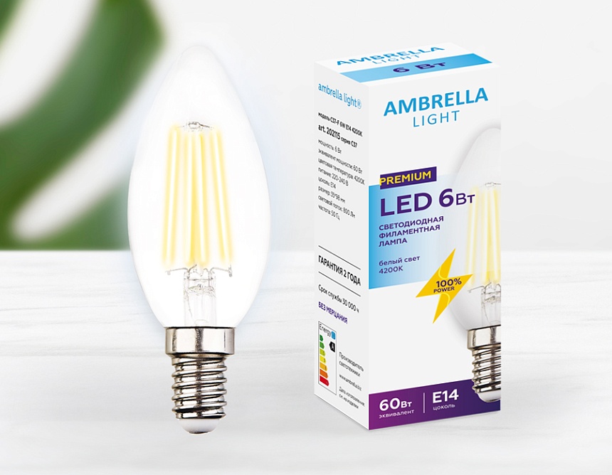 Лампа Filament LED C37-F 6W E14 4200K (60W)
