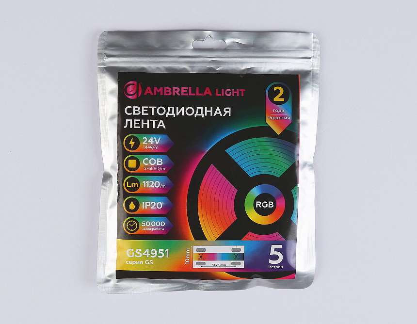 GS4951 COB 576Led/ 14W m/ 24V IP20 RGB/ 5m*10mm*3mm (4 конт.) GS4951 COB 576Led/ 14W m/ 24V IP20 RGB/ 5m*10mm*3mm (4 конт.)