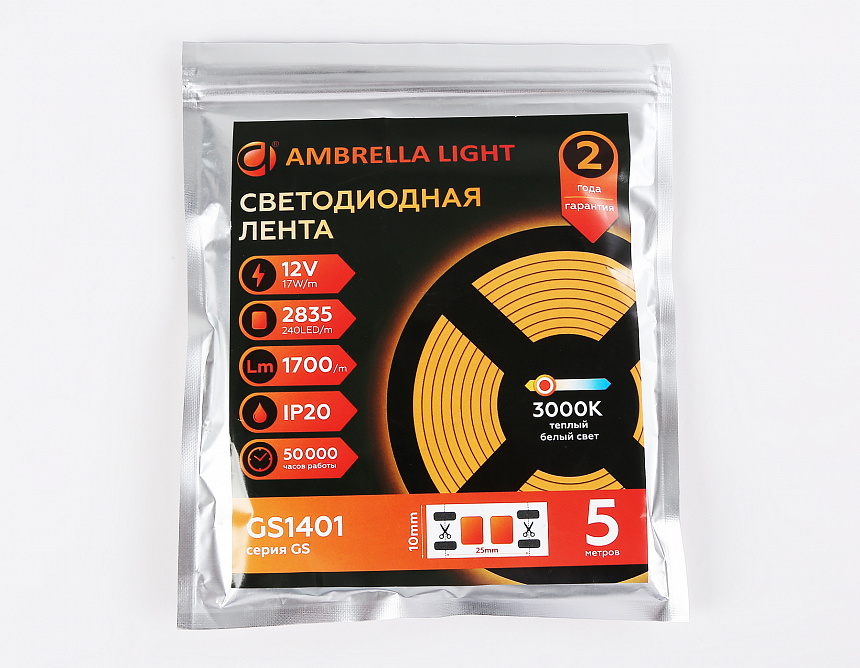 GS1401 2835 240Led/ 17W m/ 12V IP20 3000K/ 5000*10*1.2mm (2 конт.) GS1401 2835 240Led/ 17W m/ 12V IP20 3000K/ 5000*10*1.2mm (2 конт.)