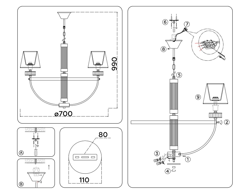 LH71251/5 BS/WH латунь/белый E14/5 max 40W D700*990