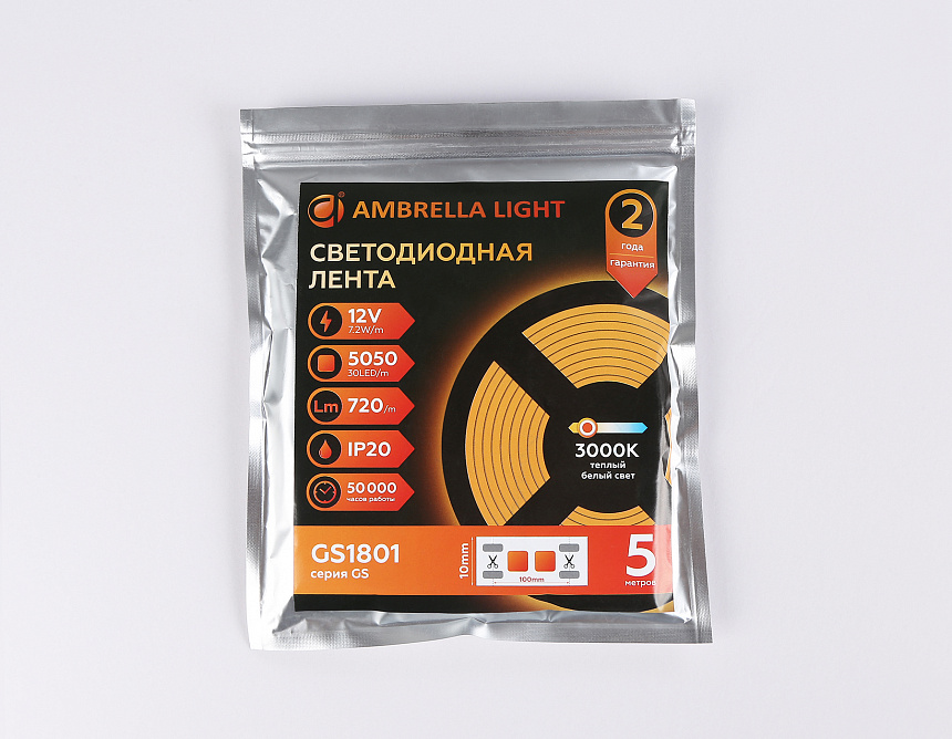 GS1801 5050 30Led/ 7.2W m/ 12V IP20 3000K/ 5000*10*1.87mm (2 конт.) GS1801 5050 30Led/ 7.2W m/ 12V IP20 3000K/ 5000*10*1.87mm (2 конт.)