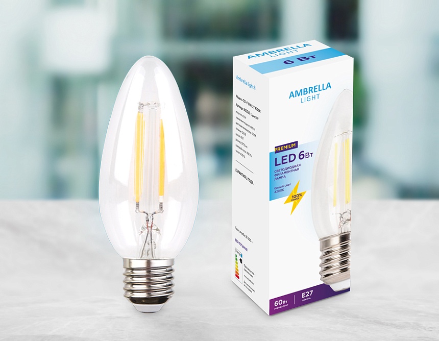 Лампа Filament LED C37-F 6W E27 4200K (60W)