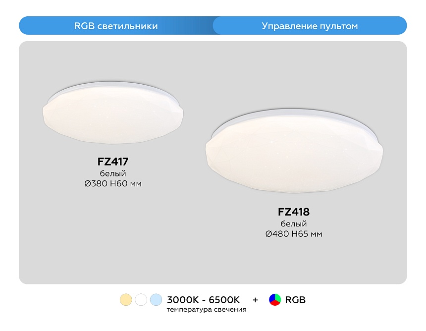 FZ418 WH белый IP20 66W 3000K-6500K+RGB D480*65 (ПДУ ИК)