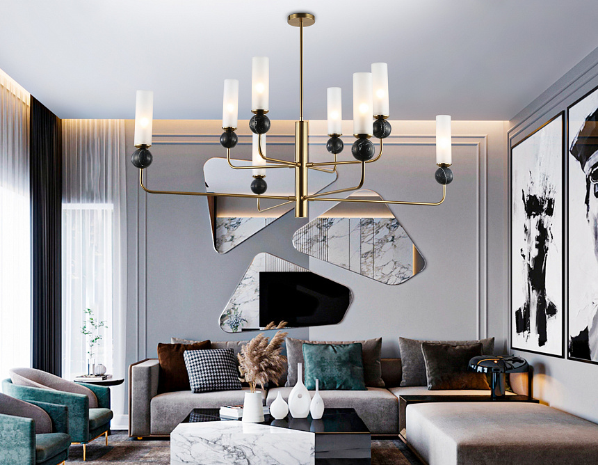 LH53264/8 BS/WH латунь/белый E14*8 max 40W D1260*1445