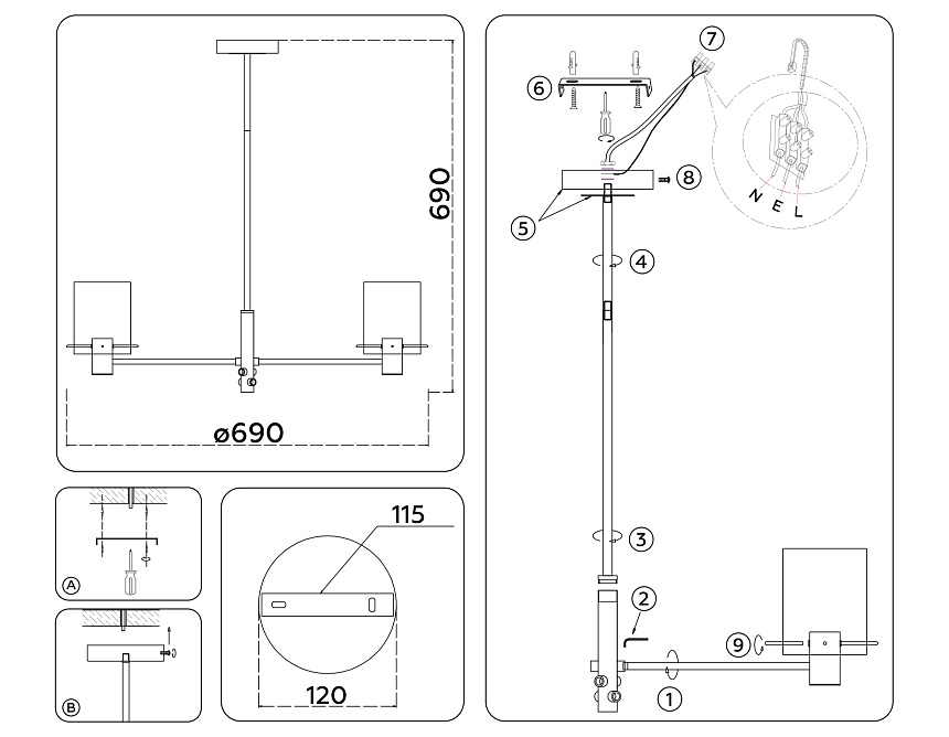 LH57041/6 BK/DBS/SM черный/темная латунь/дымчатый E14/6 max 40W D690*690 LH57041/6 BK/DBS/SM черный/темная латунь/дымчатый E14/6 max 40W D690*690