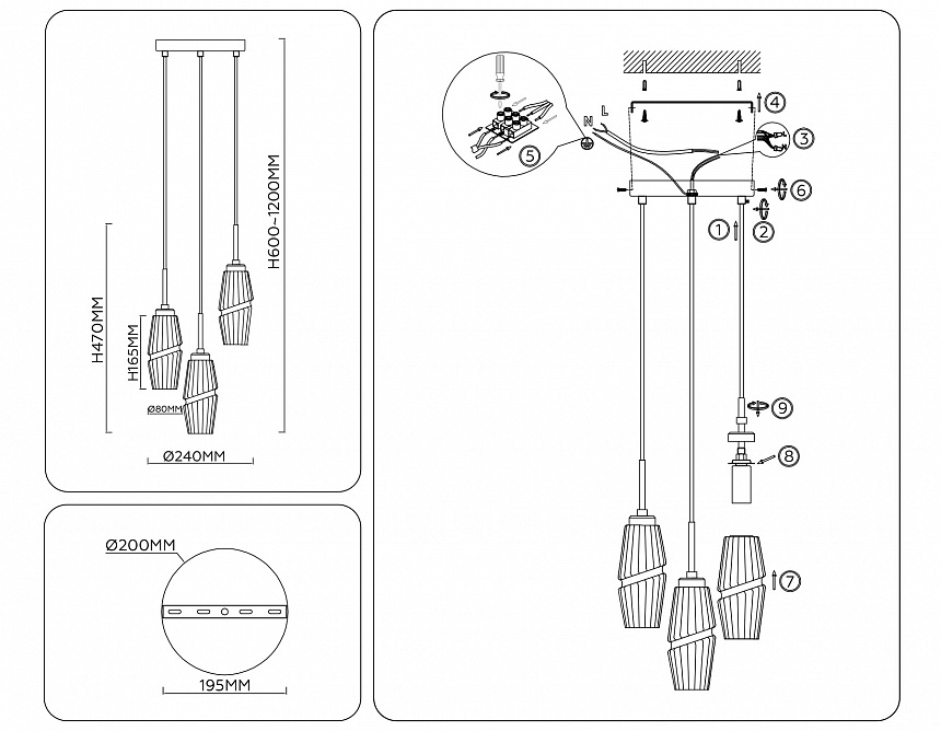 LH55210/3 BS/CL латунь/прозрачный E14*3 max 40W D240*470