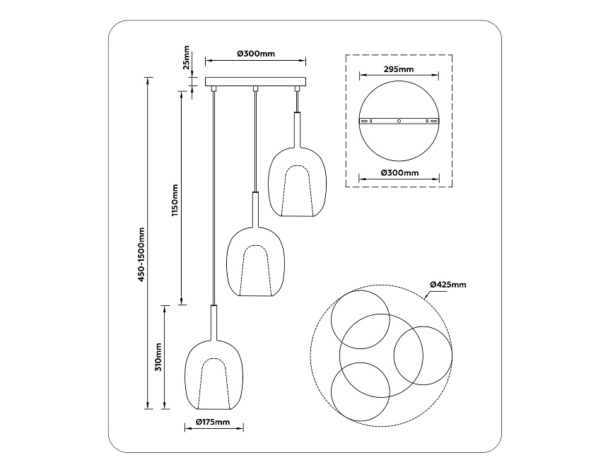LH11151/3 BK/WH/CL черный/белый/прозрачный E27*3 max 60W D425*1500