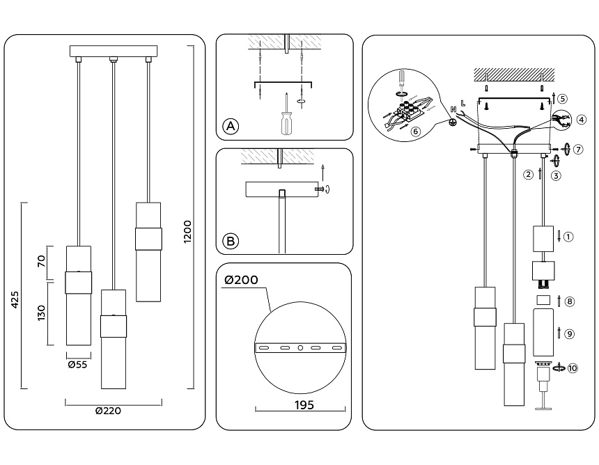 LH55112/3 BS/FR/TI латунь/белый матовый/янтарь E14*3 max 40W D220*1200