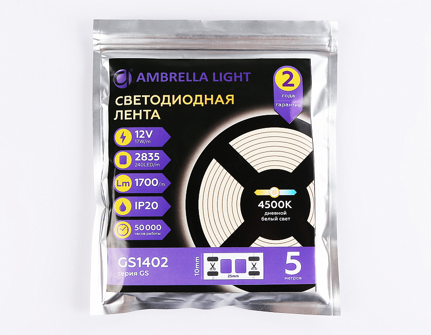 GS1402 2835 240Led/ 17W m/ 12V IP20 4500K/ 5000*10*1.2mm (2 конт.) GS1402 2835 240Led/ 17W m/ 12V IP20 4500K/ 5000*10*1.2mm (2 конт.)