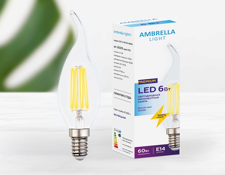 Лампа Filament LED C37L-F 6W E14 4200K (60W)