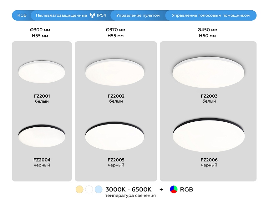 FZ2004 BK черный IP54 20W 3000K-6500K+RGB Wi-Fi Алиса/Tuya/Smart Home/Alexa D300*55 (ПДУ ИК)