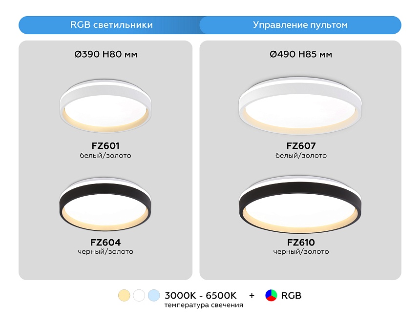 FZ604 BK/GD черный/золото IP20 46W 3000K-6500K+RGB D390*80 (ПДУ ИК)