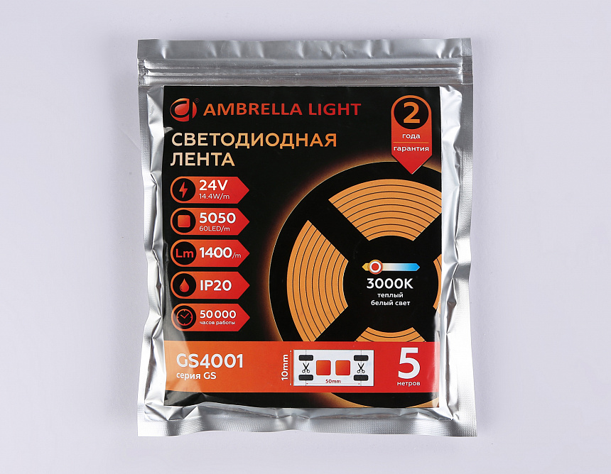 GS4001 5050 60Led/ 14.4W m/ 24V IP20 3000K/ 5000*10*1.87mm (2 конт.) GS4001 5050 60Led/ 14.4W m/ 24V IP20 3000K/ 5000*10*1.87mm (2 конт.)