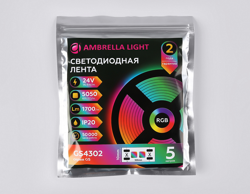 GS4302 5050 60Led/ 14.4W m/ 24V IP20 RGB/ 5000*10*1.87mm (4 конт.) GS4302 5050 60Led/ 14.4W m/ 24V IP20 RGB/ 5000*10*1.87mm (4 конт.)